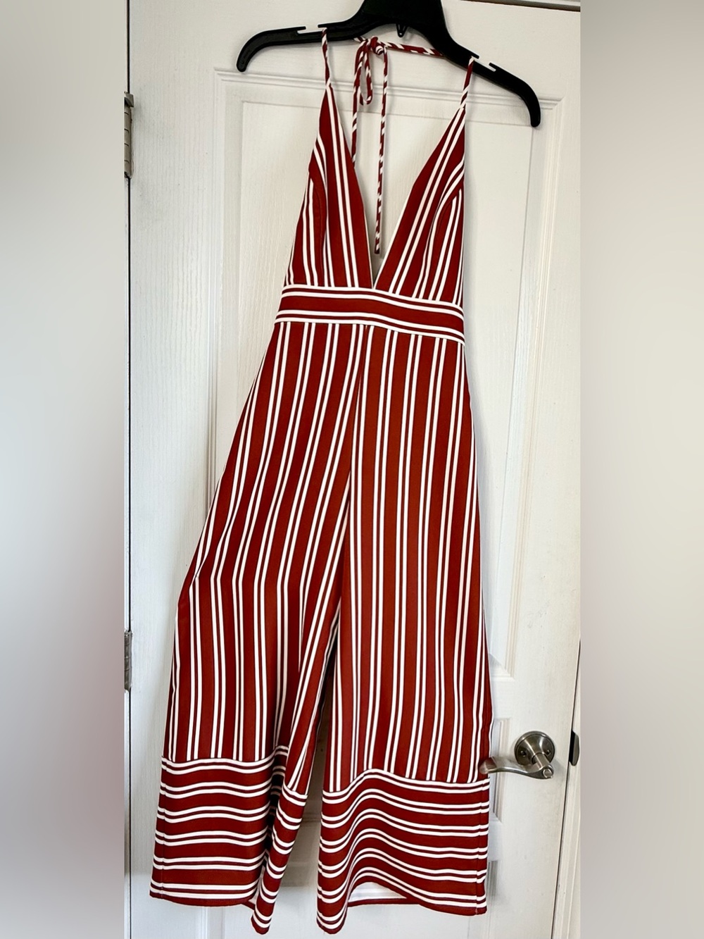 Amanda Uprichard Dark Briick Red and White One-Shoulder Striped Jumpsuit